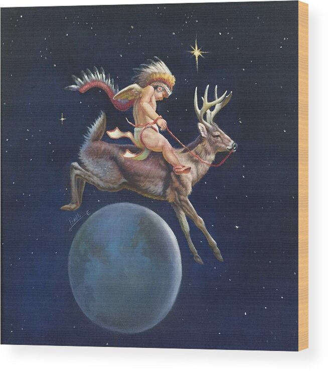 Moon Children Angels Deer Wildlife Wood Print featuring the painting Over the Moon by Gregory Perillo