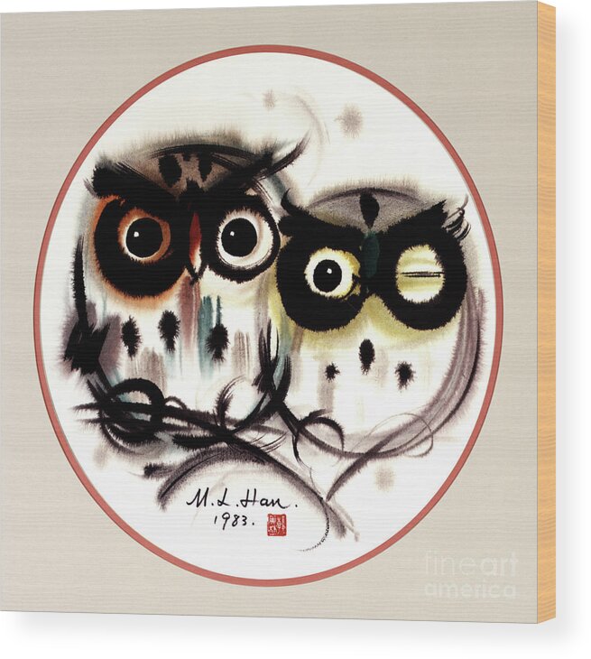 Han Meilin Wood Print featuring the painting Owls by Han Meilin