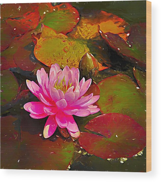 Flora Wood Print featuring the mixed media Painted Pink Water Lily by Joan Stratton