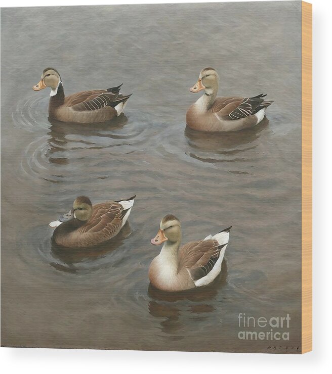 Water Wood Print featuring the painting Painting Quack Serenity A Peaceful Gathering Of D by N Akkash