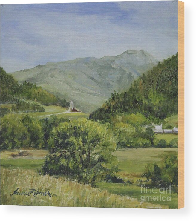 Pastures Wood Print featuring the painting Pastures Below Mt. Mansfield. by Laurie Rohner