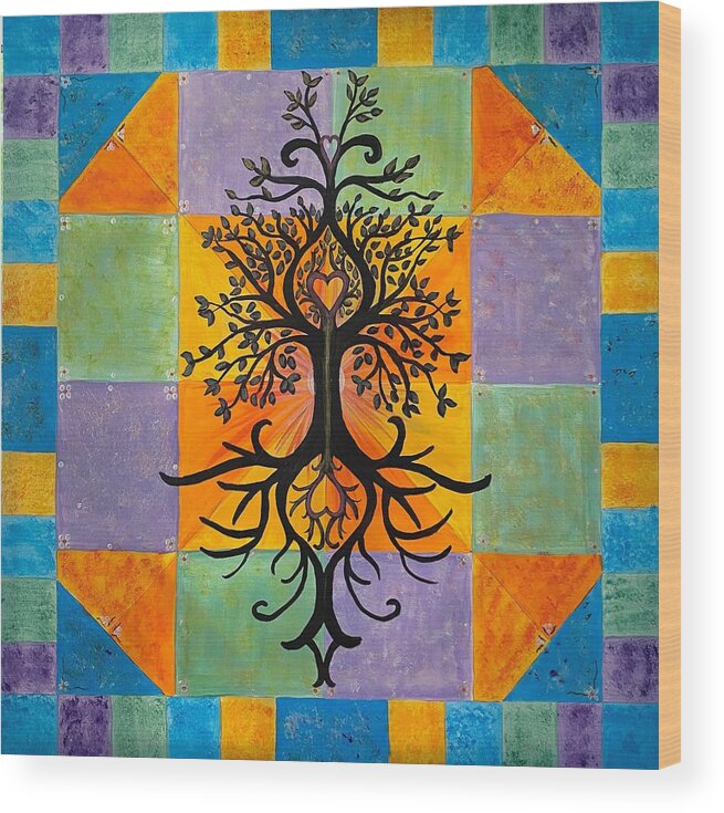 Tree Of Life Wood Print featuring the painting Patchwork of Life by Nancy Sisco