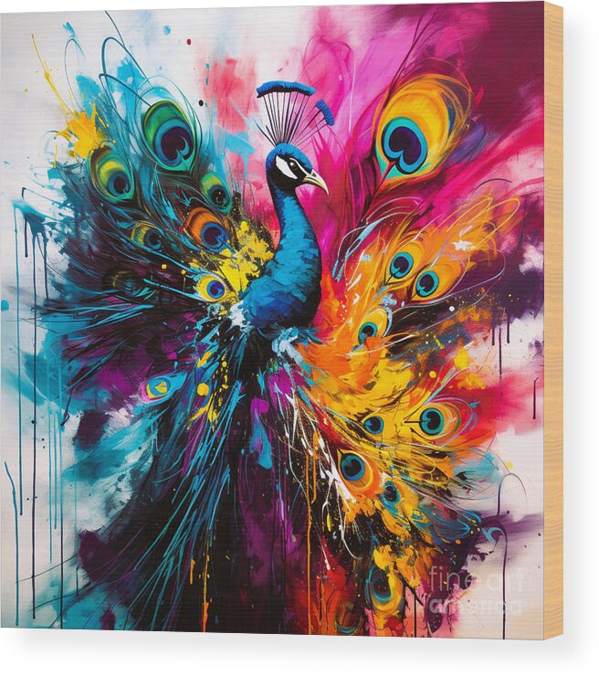 Peacock Wood Print featuring the painting Peacockalicious Parade Feathered Fabulosity Unleashed by Crystal Stagg
