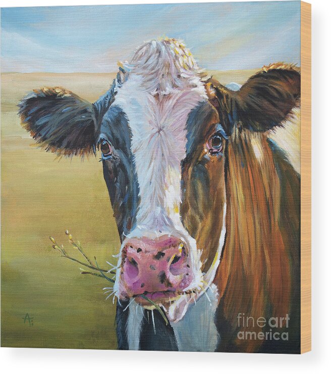 Cow Wood Print featuring the painting Pearl - Black and White cow by Annie Troe