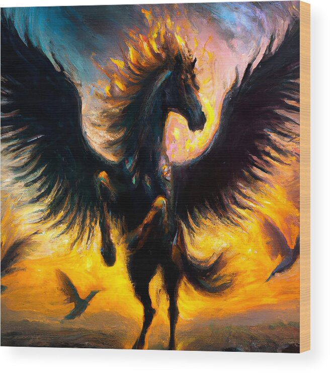 Digital Wood Print featuring the digital art Pegasus Bringing Fire and Brimstone by Beverly Read