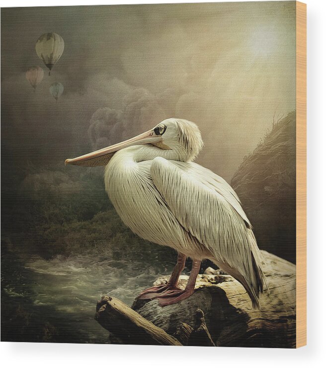 Pelican Wood Print featuring the digital art Pelican at Rest by Maggy Pease
