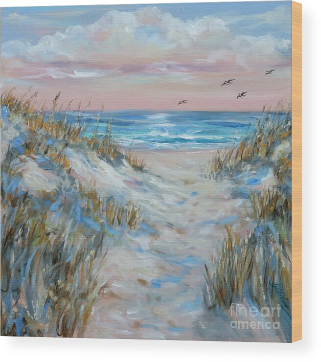 Beach Wood Print featuring the painting Pelicans at the Shore by Linda Olsen