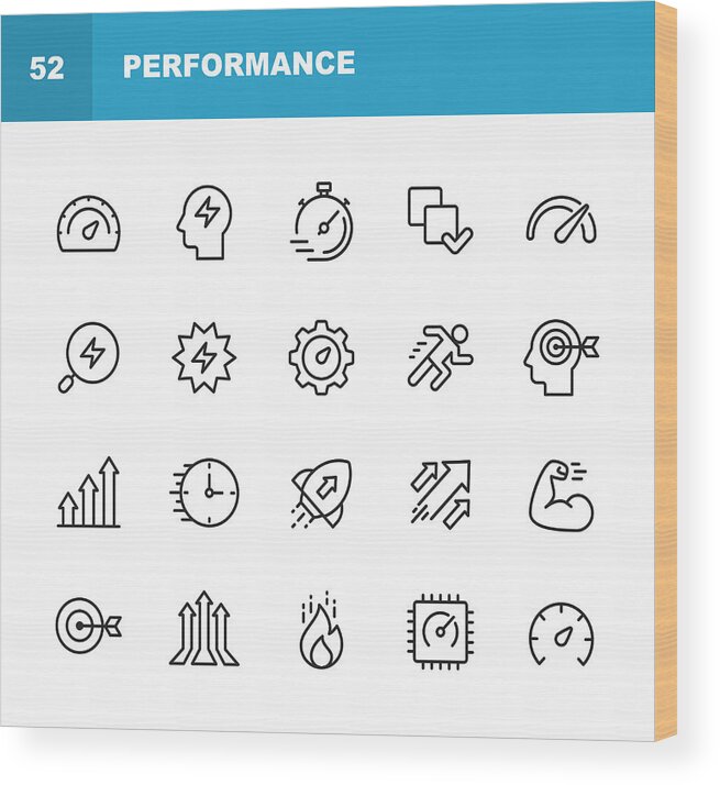Corporate Business Wood Print featuring the drawing Performance Line Icons. Editable Stroke. Pixel Perfect. For Mobile and Web. Contains such icons as Performance, Growth, Feedback, Running, Speedometer, Authority, Success. by Rambo182