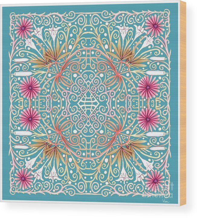 Lise Winne Wood Print featuring the mixed media Pink and White Flowers Intertwined Into a Lace and Turquoise Background by Lise Winne