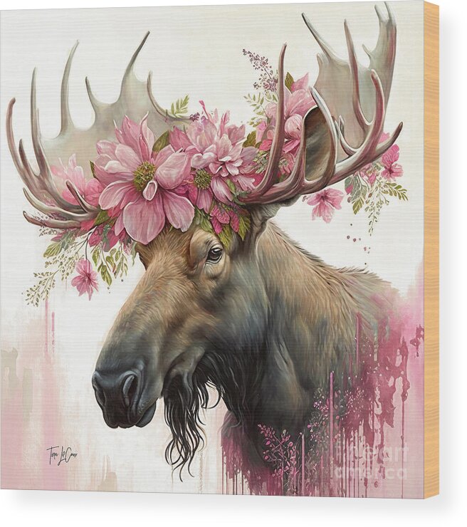 Moose Wood Print featuring the painting Pink Daisy Moose by Tina LeCour