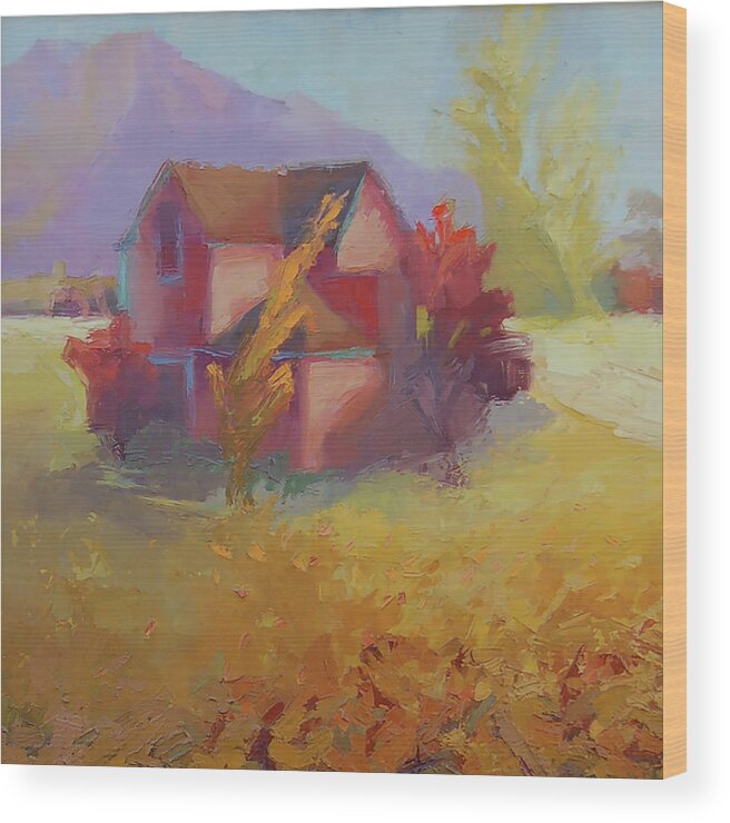 Landscape Wood Print featuring the painting Pink House Yellow by Cathy Locke