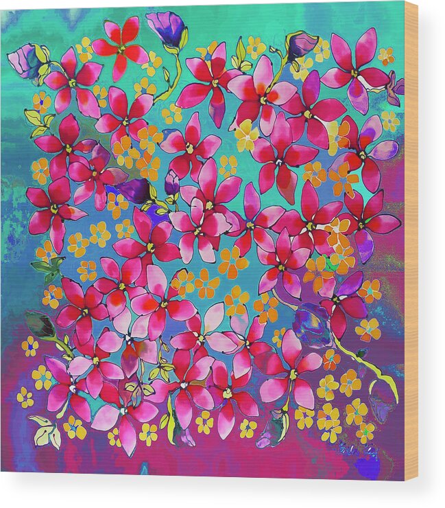 Karla Kay Art Wood Print featuring the painting Pink magnolia on turquoise by Karla Kay Benjamin