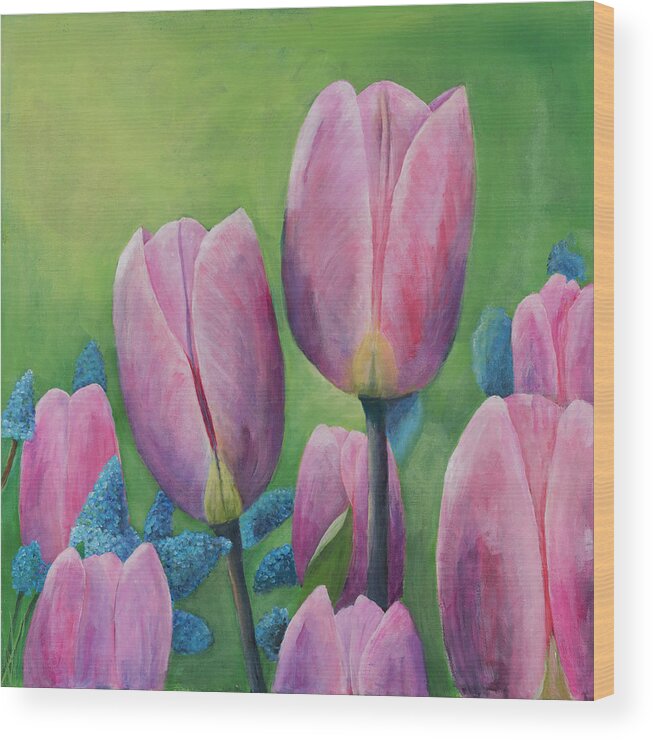 Landscape Wood Print featuring the painting Pink Tulips by Nadine Button