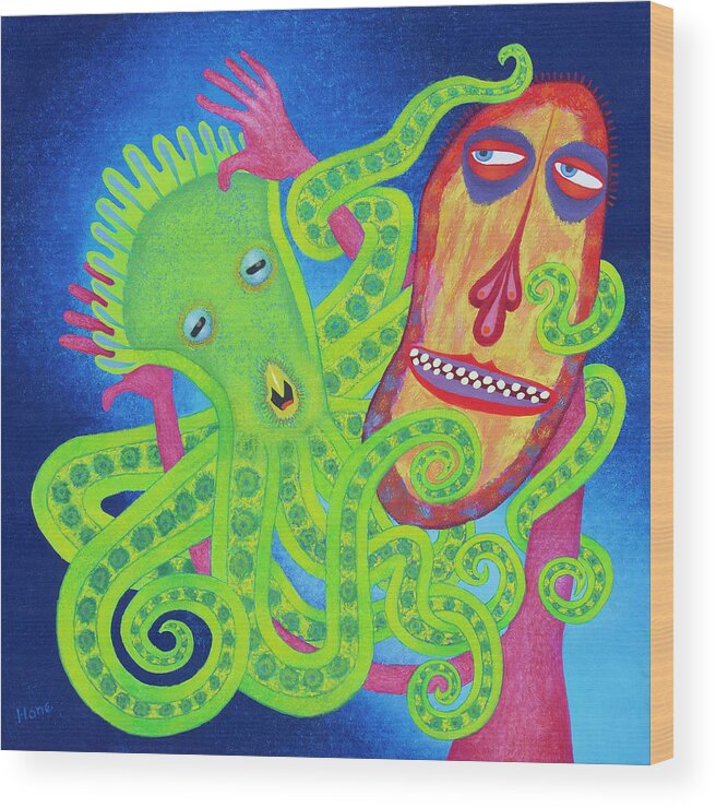 Visionary Visionaryart Art Painting 16x16 Octopus Play Playing Hug Wood Print featuring the painting Playing With The Octopus by Hone Williams