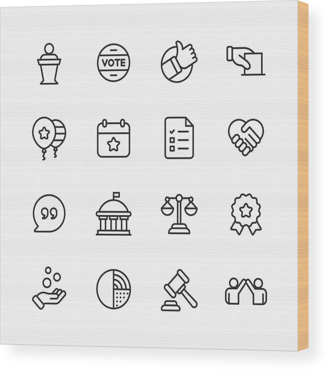 Employment And Labor Wood Print featuring the drawing Politics Line Icons. Editable Stroke. Pixel Perfect. For Mobile and Web. Contains such icons as Voting, Campaign, Candidate, President, Handshake, Law, Donation, Government, Congress. by Rambo182