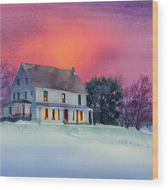 Pompton Plains Wood Print featuring the painting Pompton Plains New Jersey Farmhouse in the Snow by Christopher Lotito