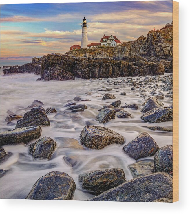 Portland Head Light Wood Print featuring the photograph Portland Head Lighthouse Maine Seascape 1x1 by Gregory Ballos