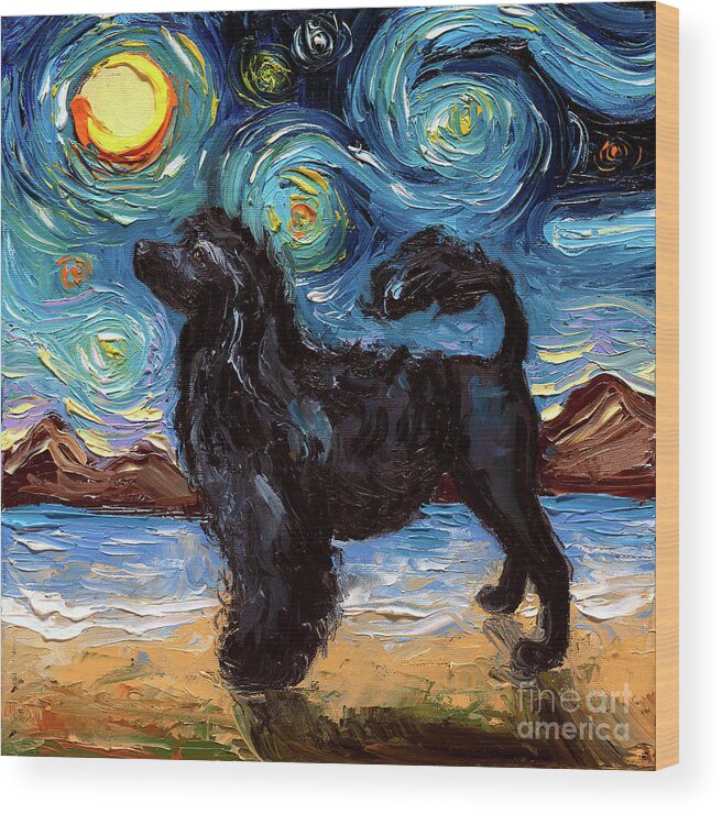 Portuguese Water Dog Wood Print featuring the painting Portuguese Water Dog Night by Aja Trier