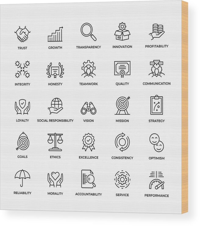 Corporate Business Wood Print featuring the drawing Premium Quality Core Values Icon Set by Illustrator de la Monde