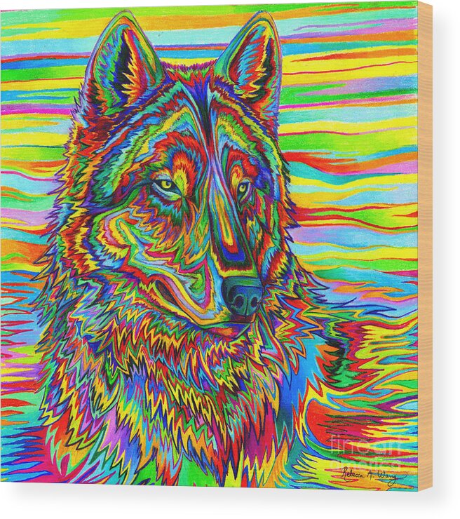 Psychedelic Wood Print featuring the drawing Psychedelic Wolf by Rebecca Wang