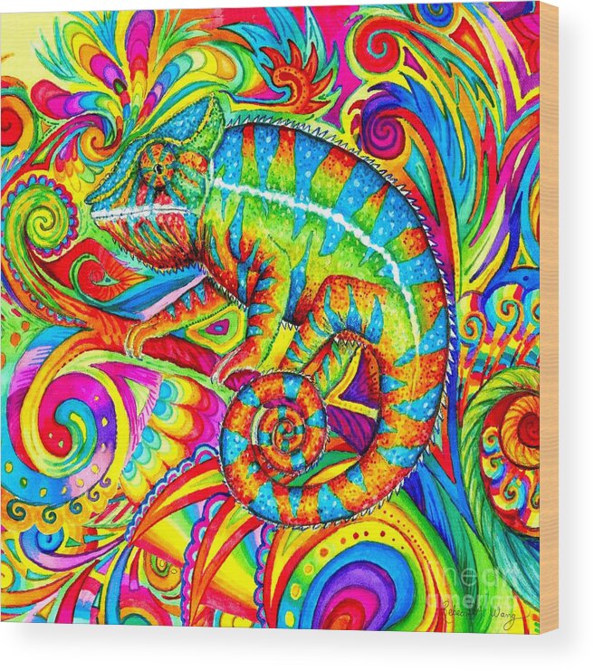Chameleon Wood Print featuring the drawing Psychedelizard - Psychedelic Rainbow Chameleon by Rebecca Wang