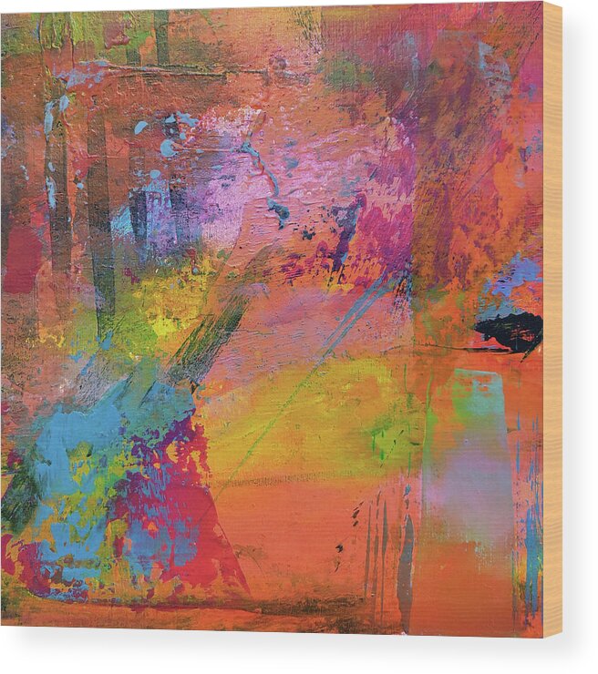 Bright Wood Print featuring the painting RAINFOREST AT SUNSET Colorful Abstract Painting Red Yellow Orange Blue by Lynnie Lang
