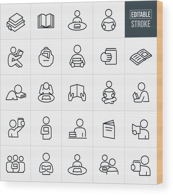 Education Wood Print featuring the drawing Reading Thin Line Icons - Editable Stroke by Appleuzr