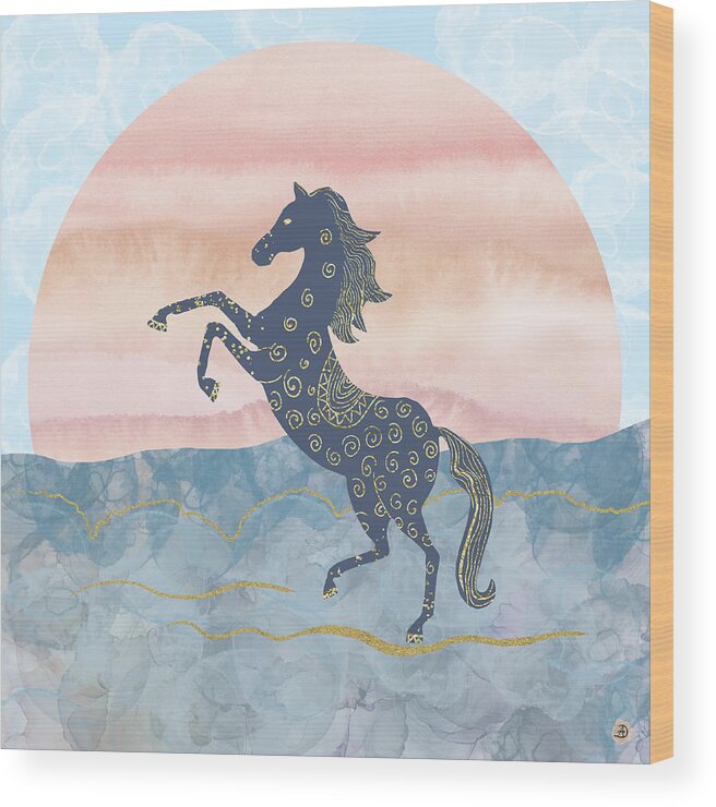 Rearing Horse Wood Print featuring the digital art Rearing Horse in the Morning Sun - Gold Ornamental Theme by Andreea Dumez