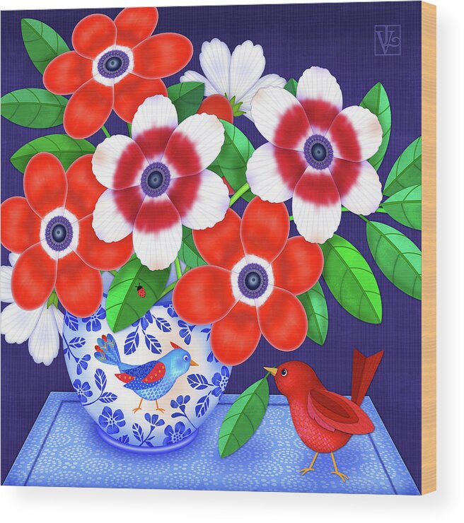 Still Life Wood Print featuring the digital art Red Bird with Flowers in Vase by Valerie Drake Lesiak