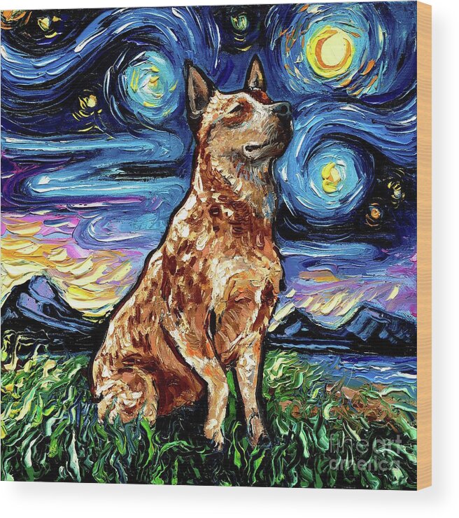 Red Heeler Wood Print featuring the painting Red Heeler Night by Aja Trier