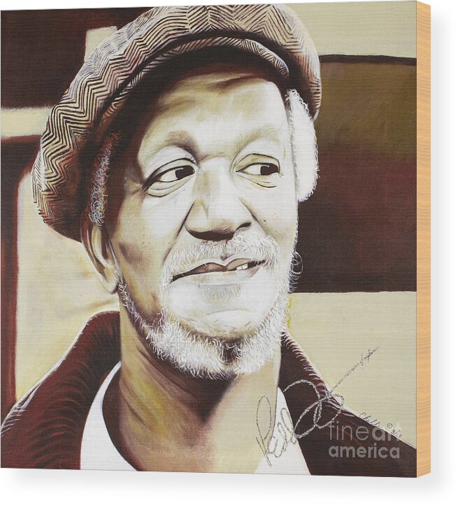 Painting; Portrait; Acrylic; Canvas; Man; Actor; Comedian; Male; Celebrity; Legendary; Vintage; Black Hollywood; Black; African American; Famous; Faces; People; Cap; Red; Beard; Mustache Wood Print featuring the painting Redd Foxx by Michelle Brantley