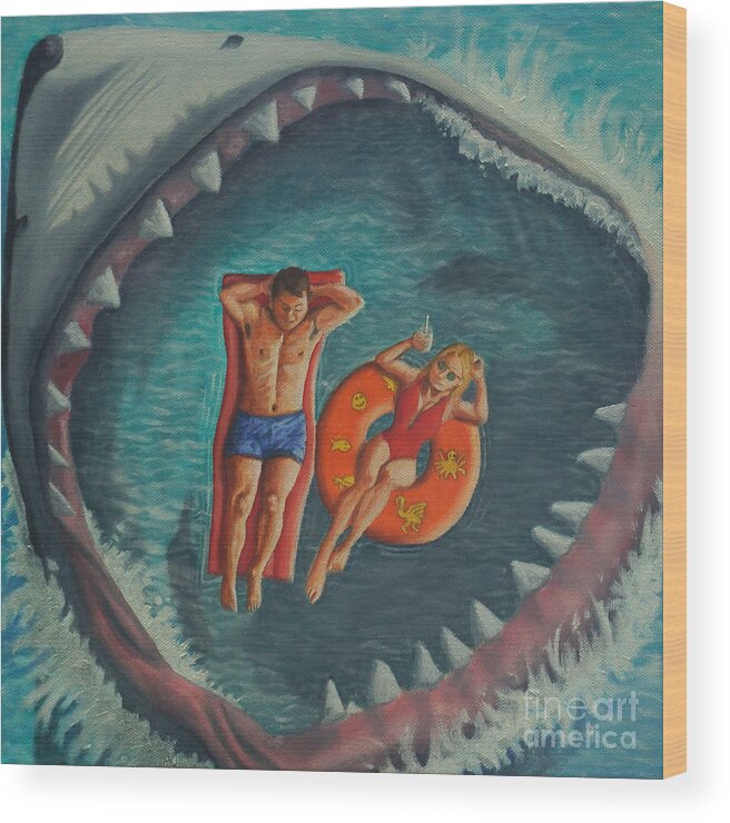 Shark Wood Print featuring the painting Relaxing at the Beach by Ken Kvamme