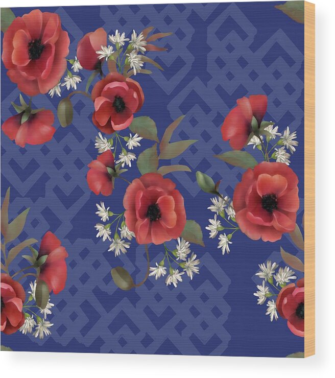 Poppies Wood Print featuring the digital art Remembrance Blue Floral by Sand And Chi