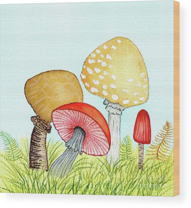 Retro Mushrooms Wood Print featuring the painting Retro Mushrooms 1 by Donna Mibus