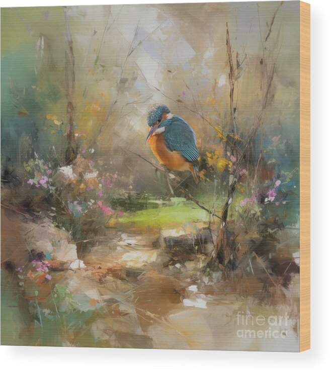 River Kingfisher Wood Print featuring the mixed media River Kingfisher in Spring by Eva Lechner