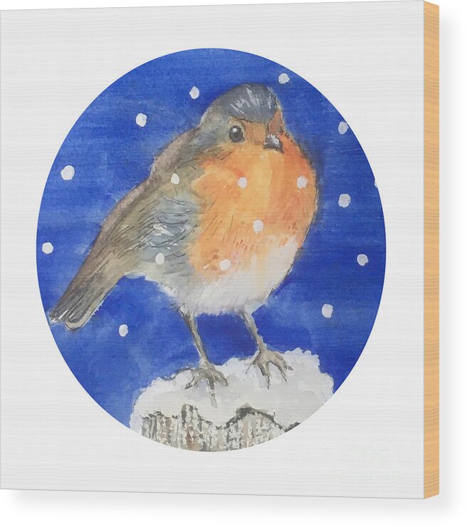 'robin' Wood Print featuring the painting Robin in the Snow by Maxie Absell