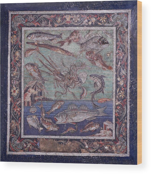Seascape Wood Print featuring the photograph Roman mosaic of fish from Pompei - Naples Archaeological Musum Italy by Paul E Williams