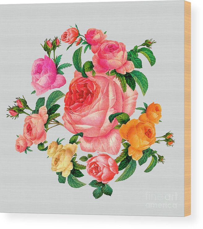 Rose Wood Print featuring the mixed media Romantic rose wreath by Elena Gantchikova