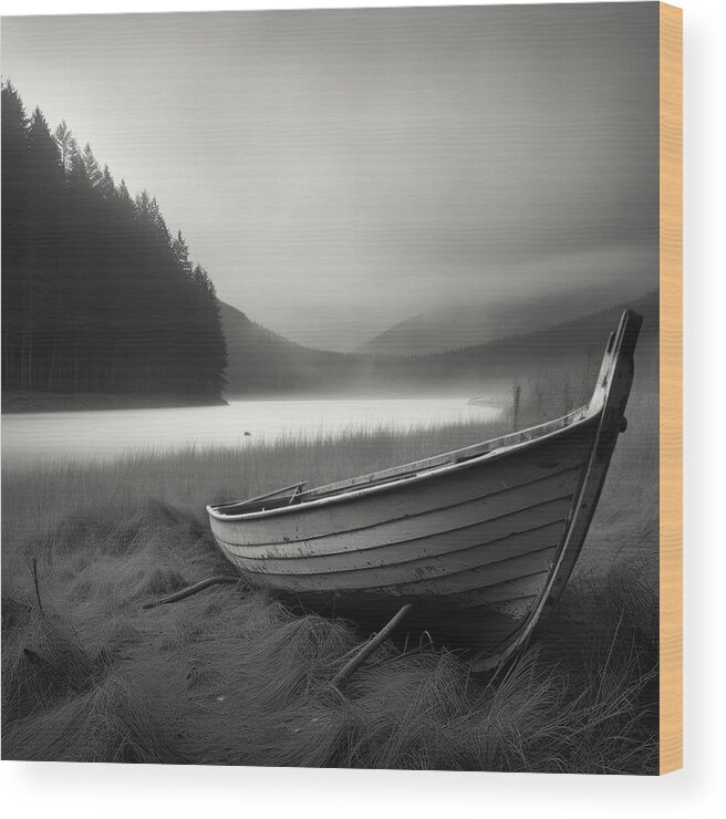 Abandoned Wood Print featuring the digital art Rowboat Pulled Ashore on a Mountain Lake by Yo Pedro