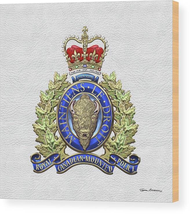 'insignia & Heraldry' Collection By Serge Averbukh Wood Print featuring the digital art Royal Canadian Mounted Police - R C M P Badge over White Leather by Serge Averbukh