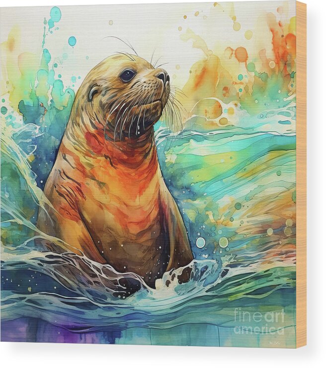 Sea Lion Wood Print featuring the painting Salty Sea Lion by Tina LeCour