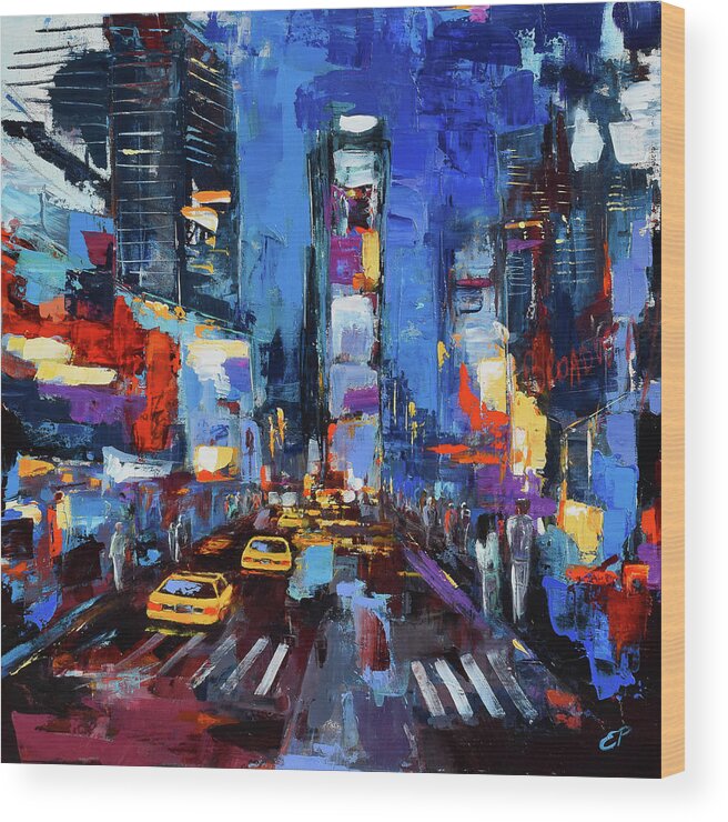 Times Square Wood Print featuring the painting Saturday Night in Times Square by Elise Palmigiani