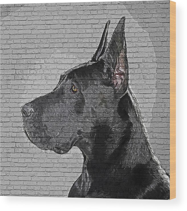 Great Dane Wood Print featuring the painting Savage and Cool, Great Dane Dog - Brick Block Background by Custom Pet Portrait Art Studio