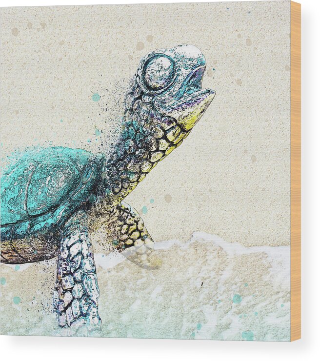 Sea Turtle On Beach Wood Print featuring the digital art Sea Turtle on the Shore by Pamela Williams