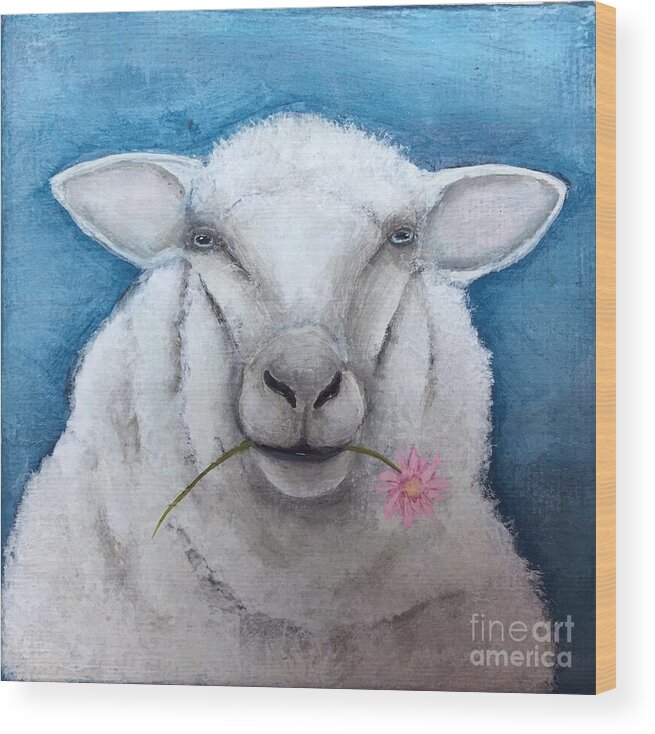 Sheep Wood Print featuring the painting Sheep and Flower by Elizabeth Gyles Johnson