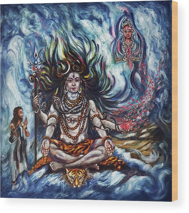 Shiv Wood Print featuring the painting SHIVA - GANGA - Harsh Malik by Harsh Malik