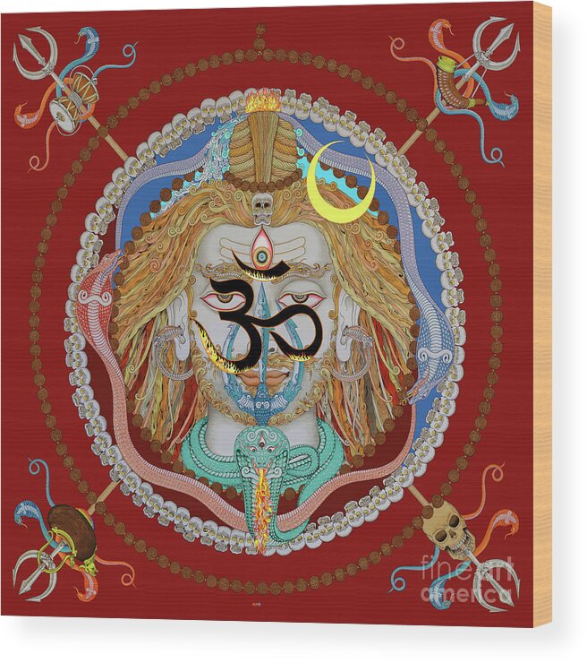 Om Wood Print featuring the mixed media Shiva OM munda mala red by Vrindavan Das