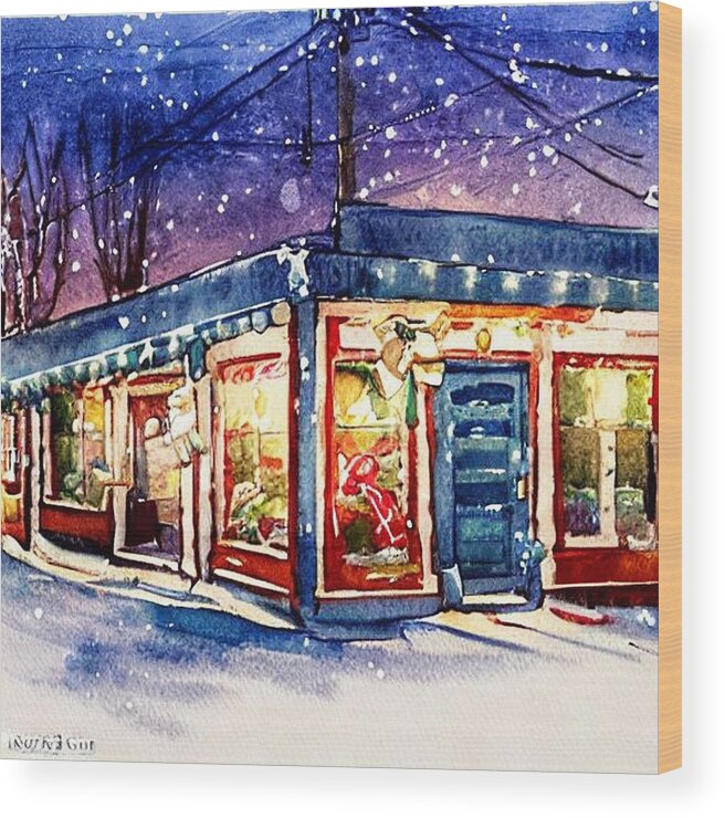 Ridgewood Wood Print featuring the painting Shops Lit Up for Christmas in Ridgewood, New Jersey by Christopher Lotito