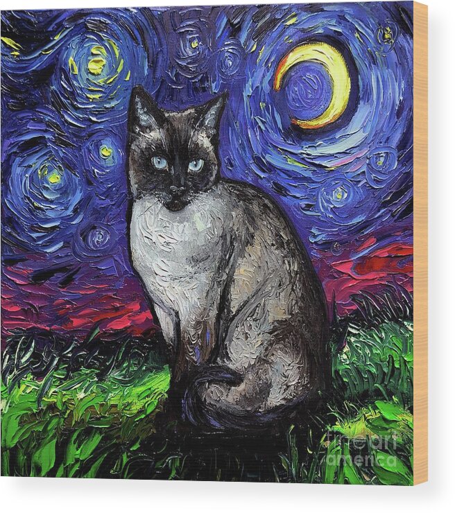 Siamese Cat Wood Print featuring the painting Siamese Night by Aja Trier