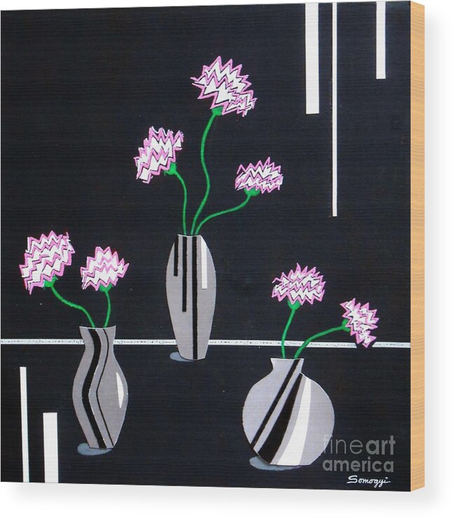 Pink Flowers Wood Print featuring the mixed media Silver Trio by Jayne Somogy